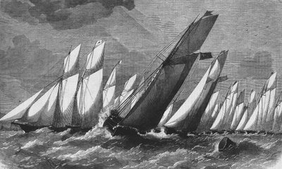 Den oceaniske kapsejlads i Royal Victoria Yacht Club i 1868 - gravering, Bibl. des Arts deco. af Unknown artist