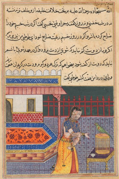 Papegøjen henvender sig til Khujasta i begyndelsen af den enogfyrre nat, fra en Tuti-nama (Fortællinger om en papegøje): Enogfyrre nat af Unknown artist