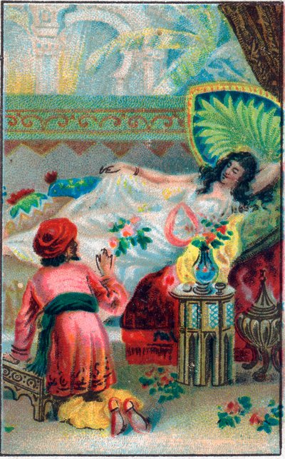 Prinsen og prinsessen. Fortælling "" Historien om den fortryllede hest"" i "De tusind og en nat" (de 1001 nætter eller Le mille e una notte, Arabian Nights). Kromolitografi i slutningen af ​​det 19. århundrede. af Unknown artist