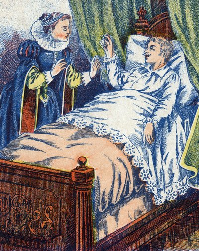 Prinsen viser ringen til sin mor. Anonym illustration til "" Æselskind""-fortælling af Charles Perrault (1628-1703), fransk forfatter. Billedmateriale Marcel Vagne, Jarville Nancy, udateret (slutningen af det 19. århundrede). af Unknown artist