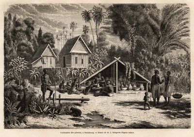 Produktion af keramik i Saniaboury (Laos). Gravering til illustration af udforskningsrejsen i Indokina af Francis Garnier, løjtnant de Vaissseau, i 1866-1868, udgivet i "" Le tour du monde""" 1870-1871, redigeret af Edouard Charton, udgave Hac af Unknown artist