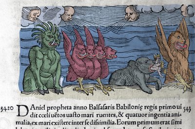 Profeten Daniel ser monstre dukke op: Haniel, Kafziel, Azriel, Aniel. Indgravering fra "The Book of Prodigiorum ac ostentorum Chronicon Basileae" af Wolfhart (Conrad Lycosthene) 1557 af Unknown artist