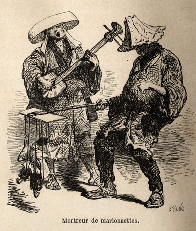 Dukketeateret og musikeren, der ledsager ham til gadeunderholdning. Gravering til illustration af rejsen til Japan af Aime Humbert, minister for det schweiziske forbund, i 1863-1864, udgivet i "" le tour du monde"", under ledelse af Ed af Unknown artist