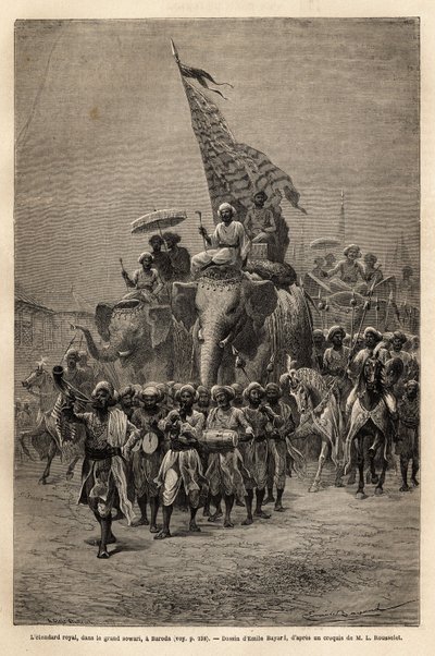 Det kongelige banner, i sowari (militær procession), i Baroda (eller Vadodara), staten Gujarat på Indiens nordøstkyst. Gravering til illustration af Rajahernes rejse i Indien, af Louis Rousselet, i 1864-1868, udgivet i "" Le tour du monde af Unknown artist