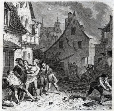 Barberingsfadet i Lille. En episode fra belejringen af Lille i 1792 under de franske uafhængighedskrige - Le siege de Lille en octobre 1792 - Revolution francaise - Bombardement af østrigere og preussere - Barber bruger en halv bombe som skægfad - engr af Unknown artist