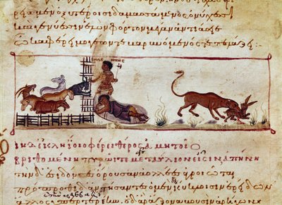 Fårenes avl, til højre fortæres en hare af et miniaturedyr taget fra jagtmalkningen ""The Cynegetics"" af Oppian (Oppian eller Oppianus) fra Syrien (3. århundrede e.Kr.) dedikeret til Caracalla. Venedig fra det 11. århundrede. Biblioteca Marciana af Unknown artist