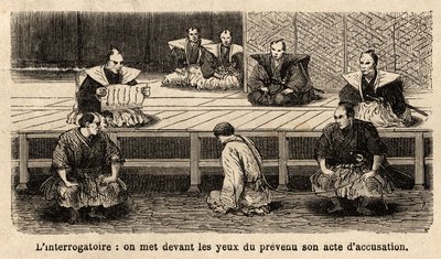 Retfærdighedens stadier: Forhør, oplæsning af anklageskriftet for den anklagede, som står foran sine dommere, knæ, halsen holdt af et reb, der holdes af en vagt. Gravering til illustration af rejsen til Japan i 1863-1864 af Aime Humbert, minister for Schwe af Unknown artist