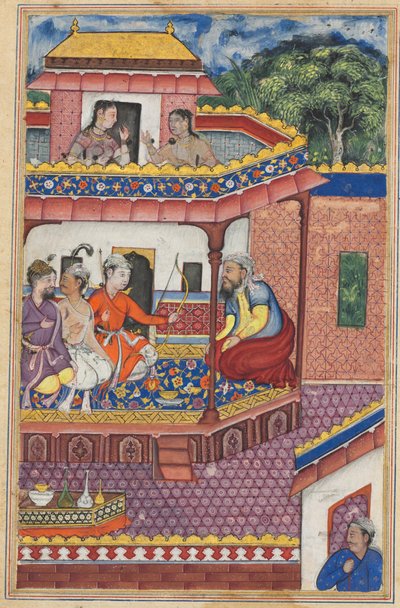 De tre unge mænd præsenterer sig selv som bejlere til Zuhra, datter af købmanden i Kabul, fra en Tuti-nama (Fortællinger om en papegøje): Fjerogtredive nat af Unknown artist