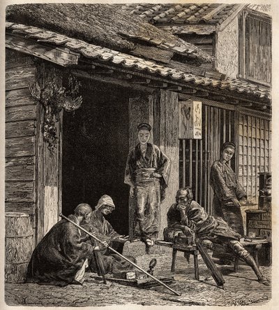 Tærsklen til en landsbykro i Japan, værtinderne tjener som vært for deres sædvanlige gæster. Indgravering til illustration af rejsen til Japan i 1863-1864 af Aime Humbert, minister for Det Schweiziske Forbund, i "Le tour du monde, nouveau journal des vo af Unknown artist