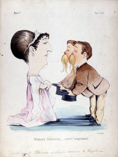 Tvillingbrødrene Pelliccia modtog Erminia Frezzolini, den italienske sopran (1818-1884). Tegnefilm fra det 19. århundrede. af Unknown artist