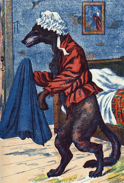 Ulven tager bedstemoderens tøj på. Anonym illustration til "Den lille rødhætte", fortælling af Charles Perrault (1628-1703), fransk forfatter. Billedmateriale Marcel Vagne, Jarville Nancy, udateret (slutningen af det 19. århundrede). af Unknown artist