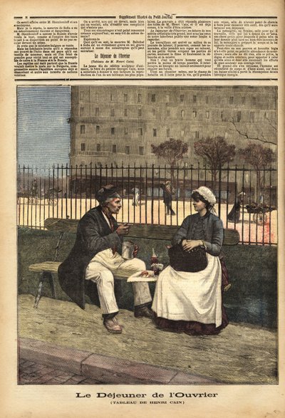 Arbejderfrokosten, gengivelse af maleriet af Henri Cain (1859-1930), maler og dramatiker. Indgravering i "" Le petit journal"" 18/04/1891. Selvas samling. af Unknown artist