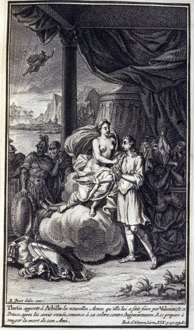 Thetis bringer Achilles de nye våben, som hun lavede til ham af Vulcan; og denne prins, efter at have modtaget dem, giver afkald på sin vrede mod Agamemnon og gør sig klar til at hævne sin vens død. Illustration af bog XIX af Iliaden af Homere, Frenc af Unknown artist
