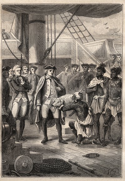 Tredje rejse (1776-1779) af kaptajn James Cook (1728-1779): Præst Koah tilbyder en lille gris til Cook, ombord på skibet Resolution (Hawaii) - illustration fra "The Great Mariners of the 18th century" af Unknown artist