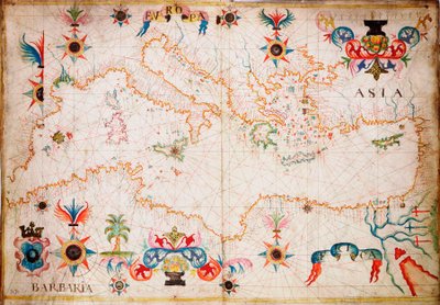 Denne type tidlige søkort i pergament stammer fra Middelhavet i det 13. århundrede, ca. 1610 (manuskript). af Unknown artist