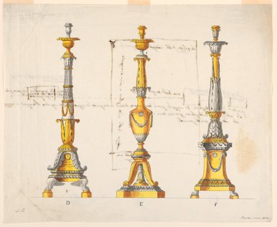 Tre designs til lysestager af Unknown artist