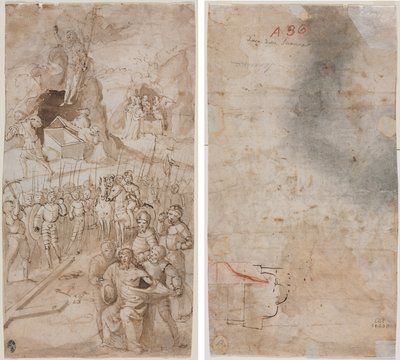 Tre scener fra Kristi lidenskab (recto) Arkitektonisk skitse (verso) af Unknown artist