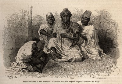 Tierno Ousman, fra Toucouleur-stammen, leder af landsbyen Guemmou Koura (Mali), holder en muslimsk rosenkrans med store korn, opretter sine bønner, mens hans massører masserer hans ryg og ben. Gravering for at illustrere rejsen til det vestlige Sudan af Li af Unknown artist