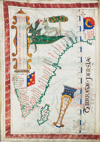 Tierra de Persia", målestok: ca. 1:13 500 000, viser yderligere steder i Sydindien og Sri Lanka, ca. 1550-60 (pergament) af Unknown artist