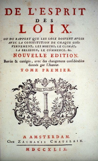 Titelside på "" Lovenes ånd"" af Charles Louis de Secondat, Baron de La Brede et de Montesquieu (1689-1755). Amsterdam udgave 1749. af Unknown artist