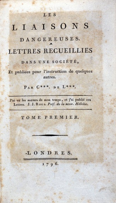 Titelside på bogen "Dangerous Liaisons" af Choderlos de Laclos, London af Unknown artist