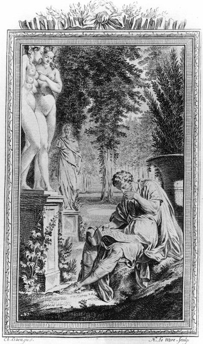 Titus Lucretius Carus (Lucrece) romersk filosof og digter i ""De Rerum natura"", gravering 1700-tallet. af Unknown artist