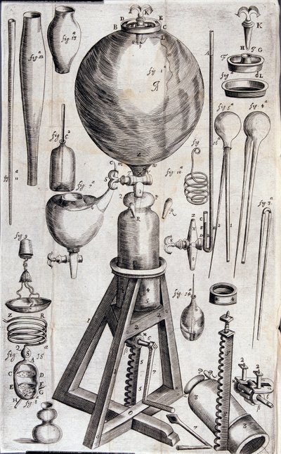 Værktøjer til videnskabelige eksperimenter - i "Nye fysisk-mekaniske eksperimenter på luftens elastiske kraft og virkningerne af samme, gjort det meste i en ny pneumatisk maskine"" af Robert Boyle af Unknown artist