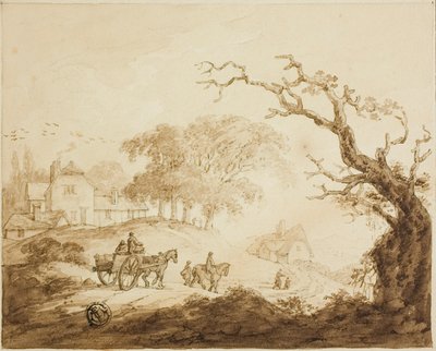 Rejsende med heste og vogn på vej forbi huse af Unknown artist