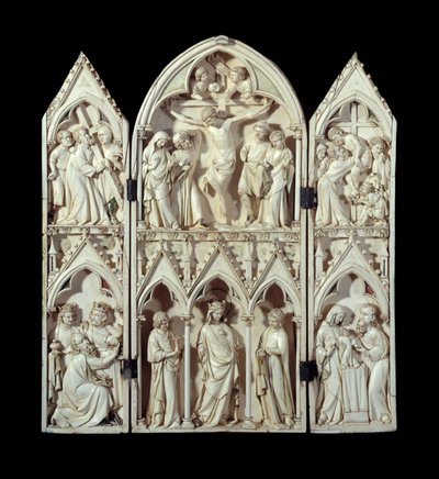 Triptykon af Saint-Sulpice du Tarn: korsvogn, korsfæstelse, nedstigning af korset, tilbedelse af magi, glorværdig jomfru, præsentation ved templet. Reliefstrømper i udskåret elfenben. Omkring 1300 Paris, Nationalmuseet for middelalderen, Thermes d af Unknown artist