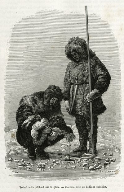 Tschuktschis fisker på is i Koljutchin-bugten (polarcirklen). Gravering fra den svenske udgave, til illustration af historien "" Voyage de la Vega around Asia and Euroope "", af Nils Adolf Erik (Eric) Baron Nordenskjold (Nordenskiold) (1832-1901), i 1878-1 af Unknown artist