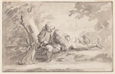 To drenge ser på en bog af Unknown artist
