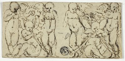 To dekorative grupper af Putti med trompeter og frugt af Unknown artist