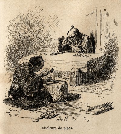 To arbejdere, hver med en hammer og et slag, er ved at udskære metalrør i deres værksted. Gravering til illustration af rejsen til Japan af Aime Humbert, minister for det schweiziske forbund, i 1863-1864, udgivet i "" le tour du monde"", under instruktion af Unknown artist