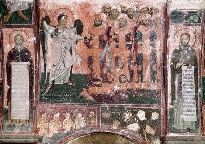 Uretfærdige konger inviteres af en engel til at komme ind i underverdenens 13. århundredes ortodokse kloster i Milesevo, Serbien af Unknown artist
