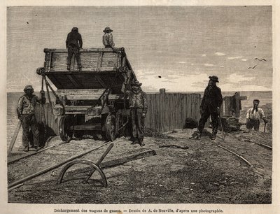 Losning af guanovogne på Chincha-øerne (Stillehavet, nær Perus sydvestkyst), hvis hovedinteresse var udnyttelsen af guanoforekomster (brugt som gødning), aflejringer på granitklipper, der tjente som tilflugtssted for en lang række forskellige seabi af Unknown artist