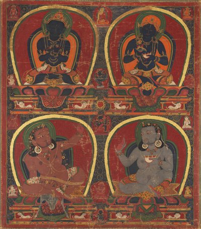 Vajradhara, Nairatmya og Mahasiddhas Virupa og Kanha af Unknown artist