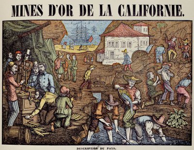Forskellige aktiviteter i en guldmine i Californien: Søg efter pepiter, vejning, køb, efterladelse af varerne. Indgravering af det 19. århundrede. Paris, dekorativ kunst af Unknown artist