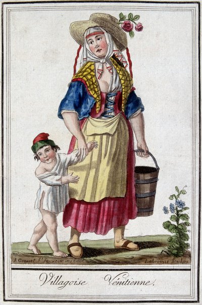 Venetiansk landsby med sin søn. 1700-tals stik. af Unknown artist