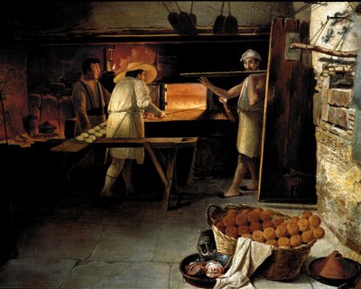 Udsigt fra indersiden af et bageri Bagere bager brødet i ovnen. Anonymt maleri fra det 18. århundrede. Rom, Museo del Folklore af Unknown artist