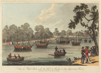 Udsigt i Hyde Park, med flåden for anker på Serpentine River, 12. august 1814 af Unknown artist
