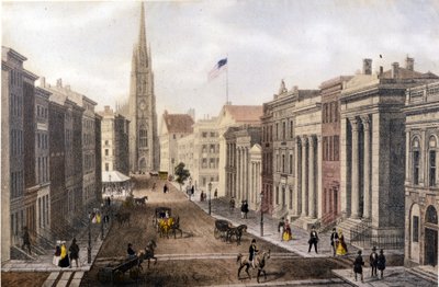 Udsigt over New York: Wall Street-udsigt over William Street. Litografi sd. omkring midten af 1800-tallet. af Unknown artist
