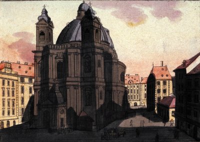 Udsigt over Peterspladsen og kirken i Wien, Østrig Gravering fra 1820 af Unknown artist