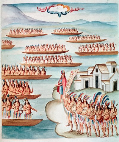 Udsigt over Tlatelolco omgivet af lagunen, Mexico (Akvarel, ca. 1770-1780) af Unknown artist