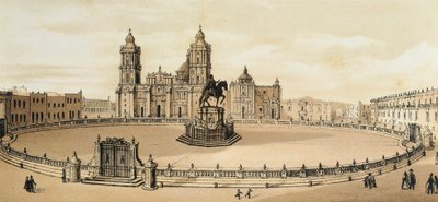 Udsigt over Zocalo-pladsen og katedralen i Mexico City, Mexico Litografi fra slutningen af det 19. århundrede af Unknown artist
