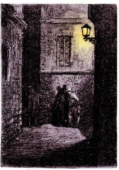 Udsigt over en mørk gyde i Whitechapel-distriktet i London. 1700-tals gravering af Unknown artist