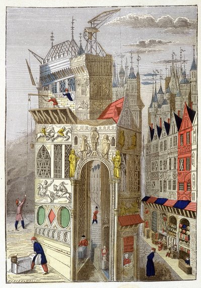 Udsigt over en rue de Paris i det 15. århundrede med sine bindingsværkshuse og en kirke under opførelse. af Unknown artist