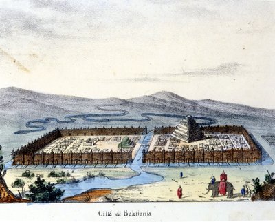 Udsigt over det gamle Babylon: i midten templet og de hængende haver. Brændende sd. begyndelsen af det 19. århundrede. af Unknown artist