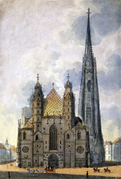 Udsigt over St. Stephens katedral (St. Stephen eller Stephansdom eller St. Stephane eller St. Stephan Kirche) fra Wien i Østrig i slutningen af det 18. århundrede. af Unknown artist