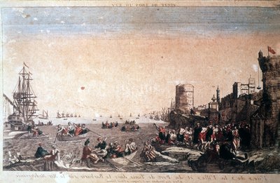 Udsigt over byen og havnen i Tunis i barbari ved Middelhavet - Fangede pirater ankommer til Port de la Goulette i Tunis. Gravering 1700-tallet. af Unknown artist