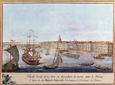 Udsigt over Neva ved Vinterpaladset og Videnskabsakademiet i Sankt Petersborg. Tryk omkring 1753. Paris, B.N. af Unknown artist